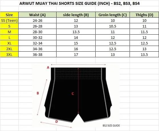 Muay Thai Shorts Size Chart
